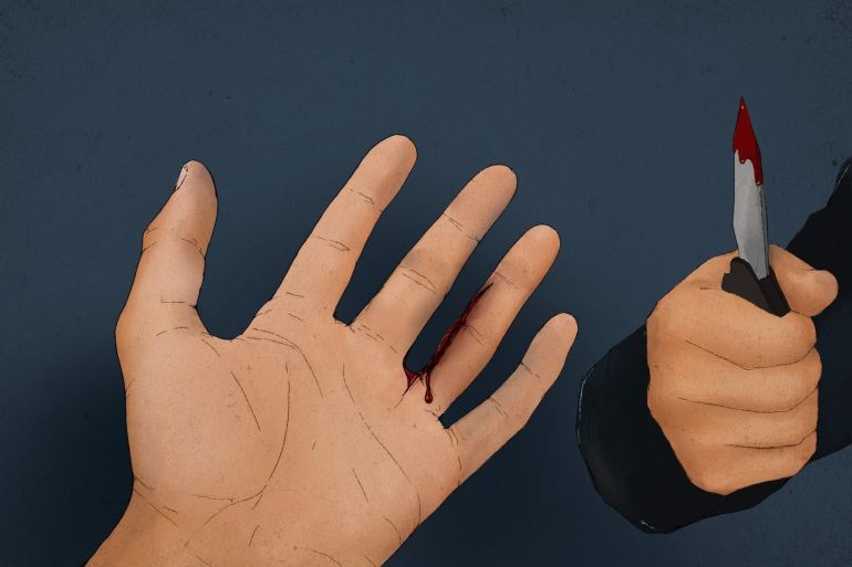 Illustration of a hand that has been stabbed by a knife [Al Jazeera]