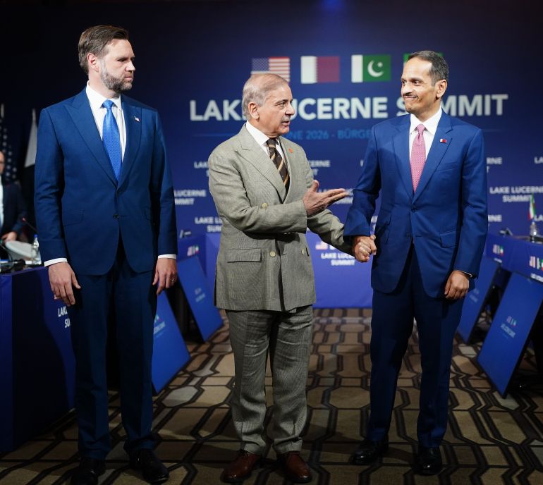 STANSSTAD, SWITZERLAND - JUNE 21: (EDITOR'S NOTE: Alternate crop) U.S. Vice President JD Vance looks on as Pakistan's Prime Minister Shehbaz Sharif speaks while gesturing towards Qatar's Prime Minister and Minister for Foreign Affairs Sheikh Mohammed bin Abdulrahman bin Jassim Al-Thani at the start of a quadrilateral meeting between the U.S., Iran, Pakistan, and Qatar at the Lake Lucerne Summit, aimed at advancing a deal to end the Middle East conflict at the Buergenstock Resort, Lake Lucerne on June 21, 2026 near Stansstad, Switzerland. Vance is visiting Switzerland for negotiations with Iran to end the war and open the Strait of Hormuz that have been delayed by Israeli strikes in Lebanon. (Photo by Nathan Howard-Pool/Getty Images)