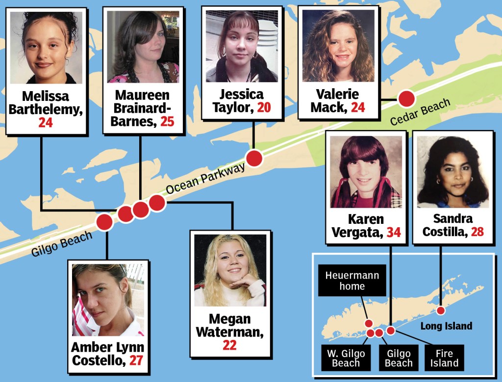 Map of the Gilgo Beach victims showing their photographs, names, and ages, with red dots marking locations along Ocean Parkway, Gilgo Beach, and Cedar Beach on Long Island.