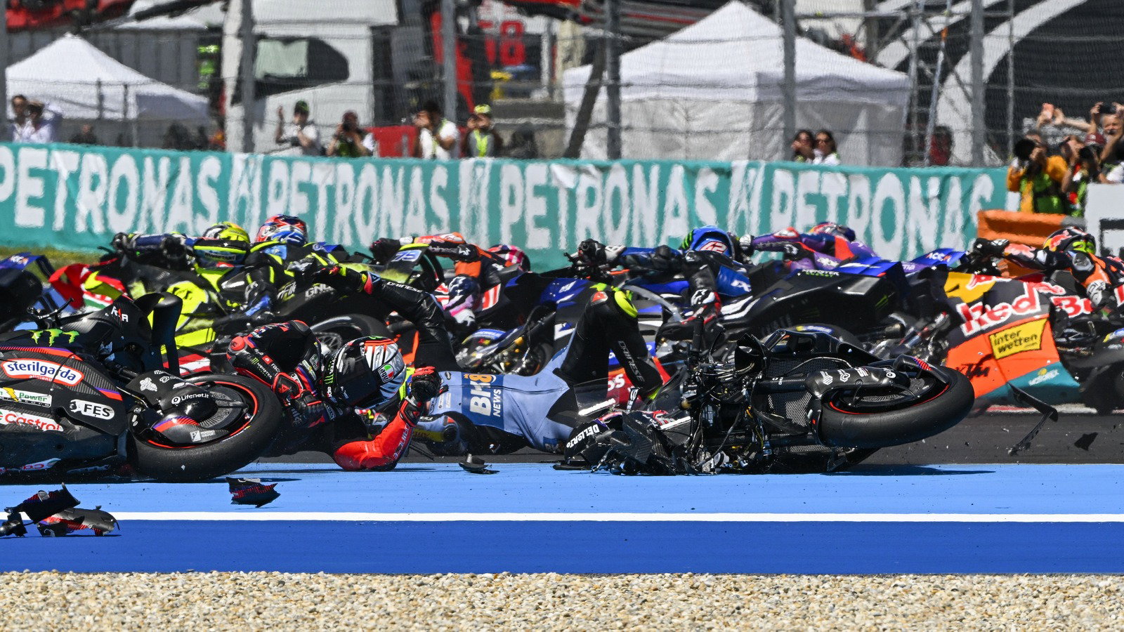 Turn 1 crash, 2026 Hungarian MotoGP. 