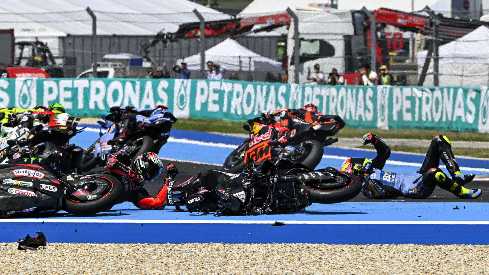 Aftermath of Turn 1 incident, 2026 Hungarian MotoGP. 