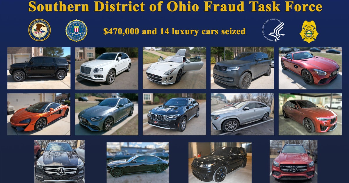 Fourteen luxury cars seized by authorities in a fraud investigation are seen in a photo combination provided by the Justice Department.
