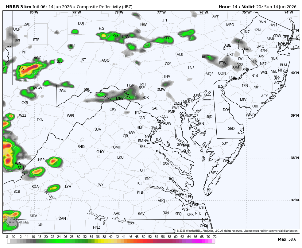 June 14 weather storm forecast Sunday evening