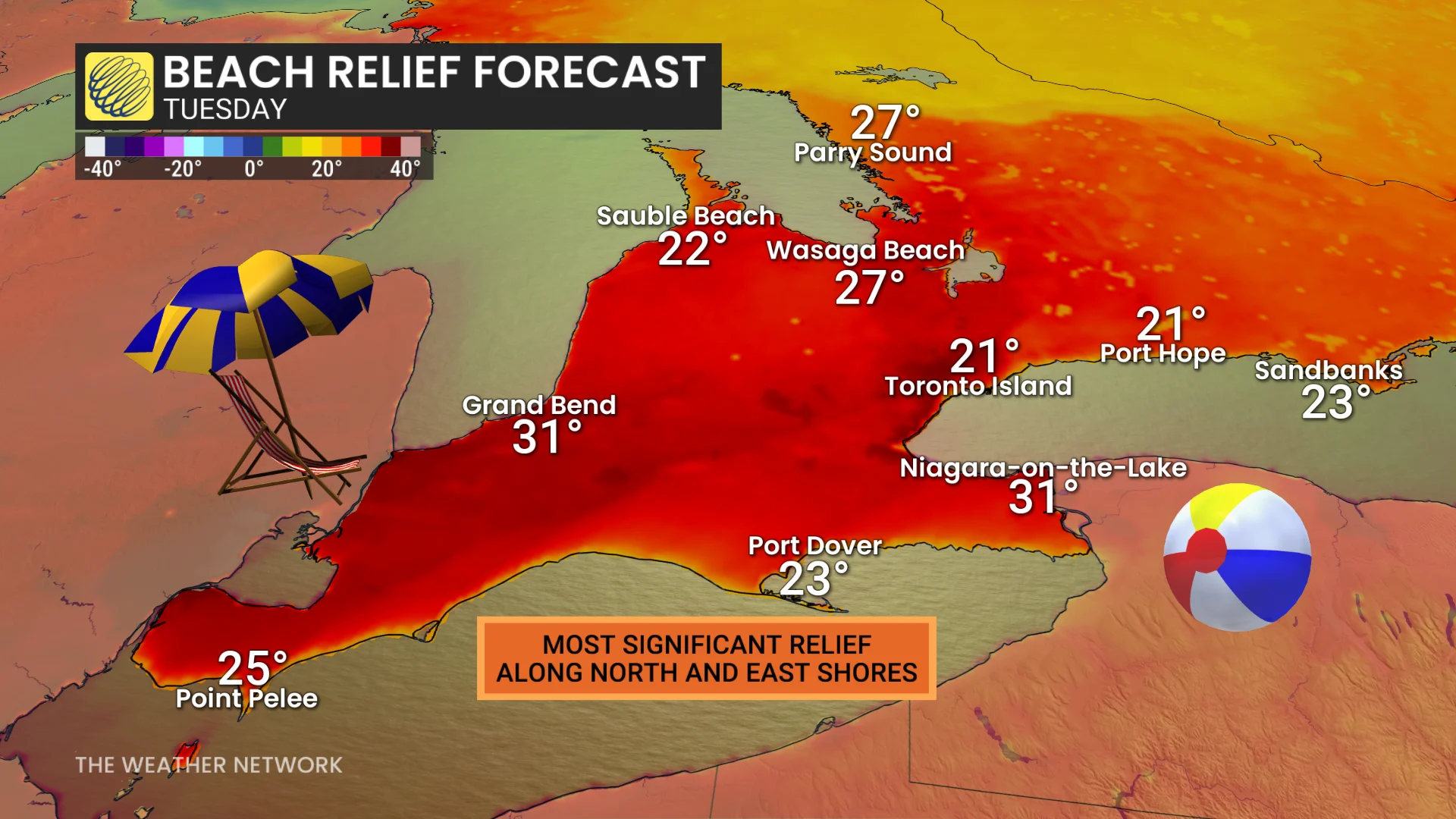 Ontario temperatures/beach relief Tuesday