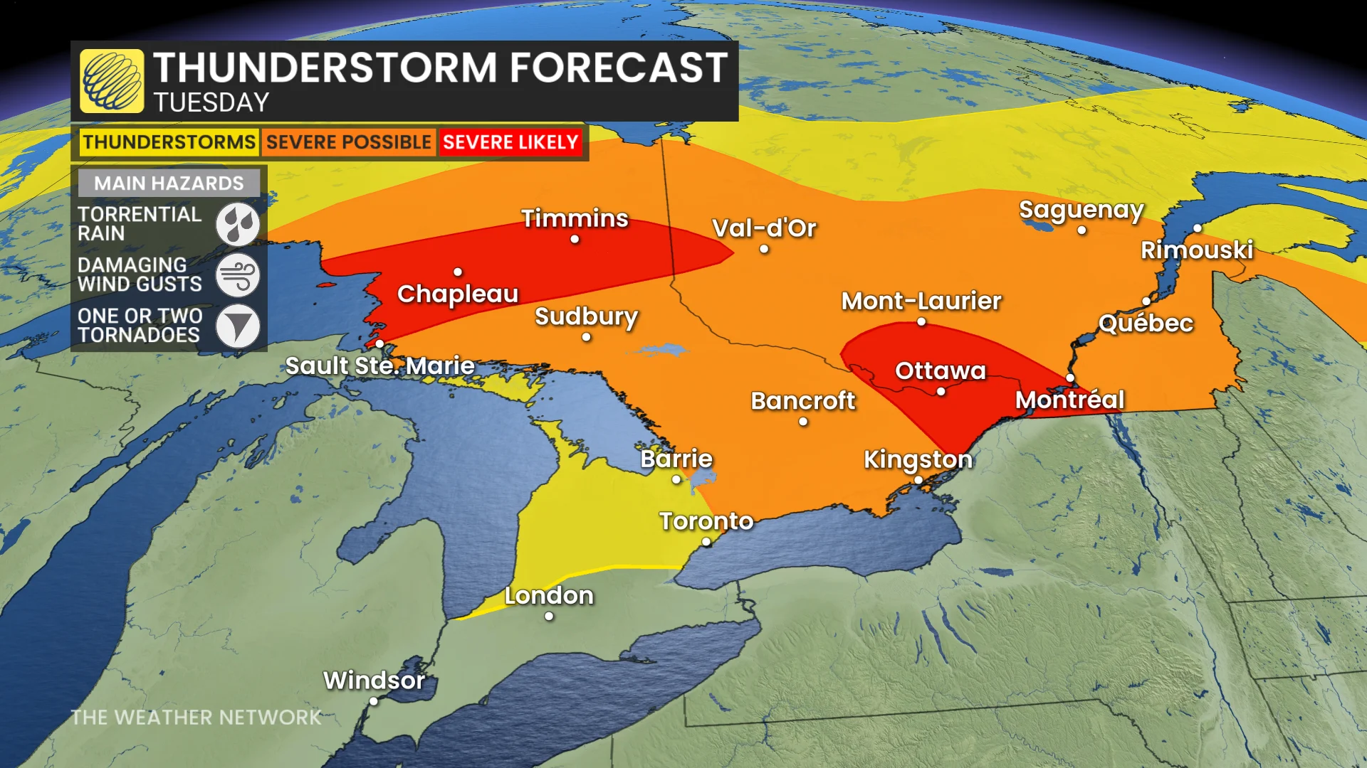 Ontario-Quebec storm risk map Tuesday