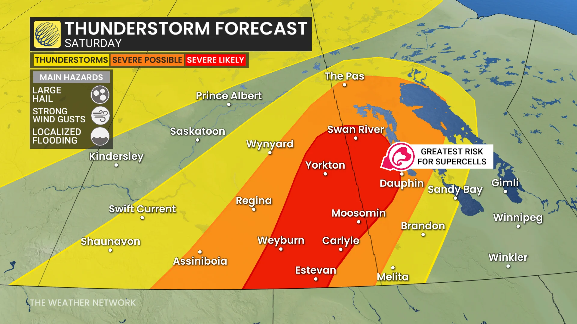 Prairies cropped-in storm risk map Saturday