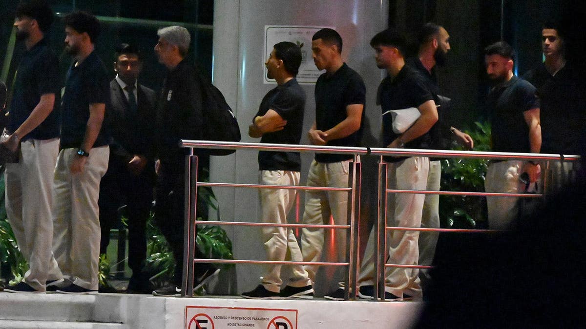 Members of the Iranian National Football team arriving by bus at the Marriott Hotel in Tijuana