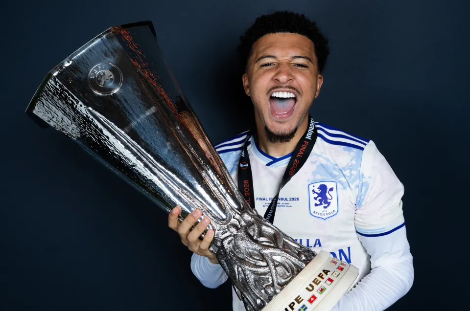 adon Sancho of Aston Villa poses for a photo with the UEFA Europa League trophy after the UEFA Europa League Final 2026 match between SC Freiburg and Aston Villa