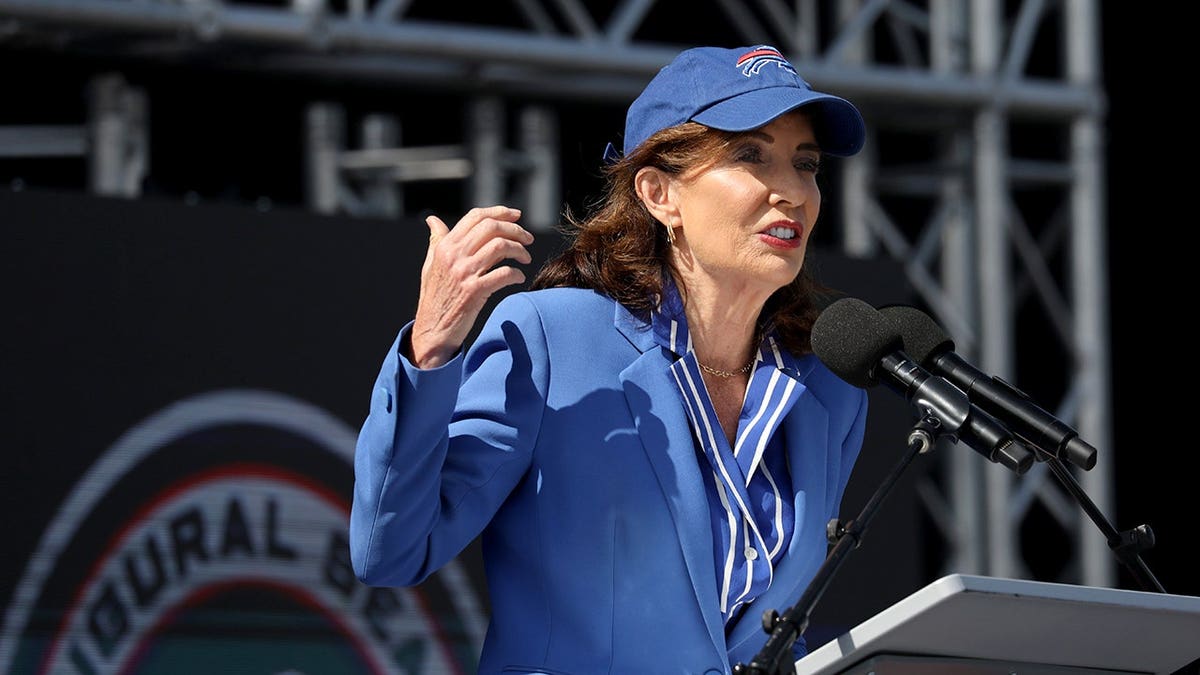 New York Gov. Kathy Hochul speaking at the ribbon cutting ceremony at Highmark Stadium in Orchard Park