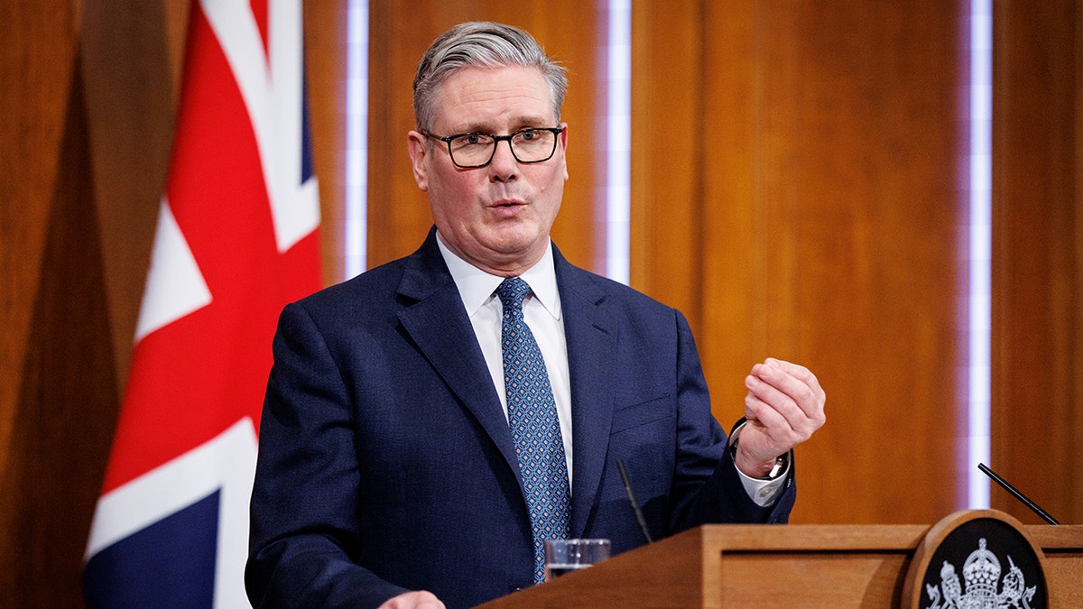 UK Prime Minister Keir Starmer speaking at a news conference at Downing Street in London