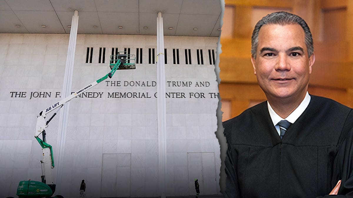 A split image showing a construction lift at the Kennedy Center and Judge Gonzalo Curiel smiling in judicial robes.