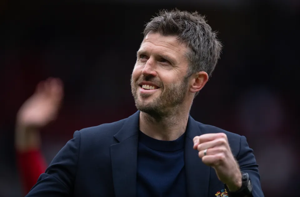 Manchester United manager Michael Carrick celebrates after the Premier League match between Manchester United and Liverpool