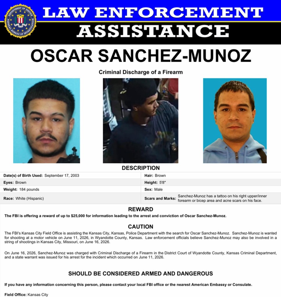 FBI Wanted poster for Oscar Sanchez-Munoz, a Hispanic male born September 17, 2003, with brown eyes and hair, 5'8" tall, weighing 184 pounds, with a tattoo on his right upper/inner forearm or bicep and acne scars on his face, charged with criminal discharge of a firearm.