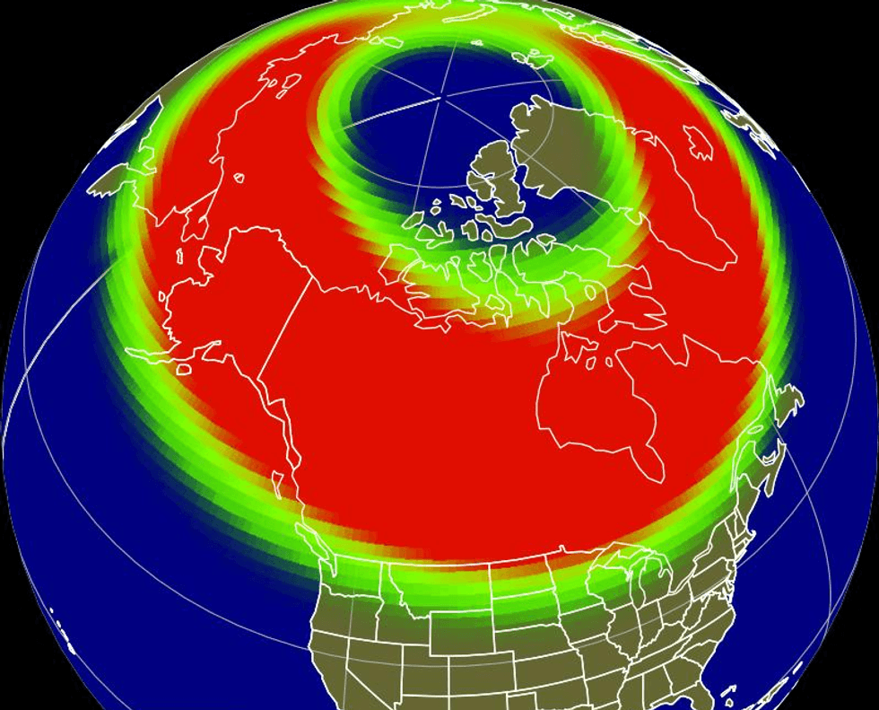 map of canada with northern lights forecast in red and green