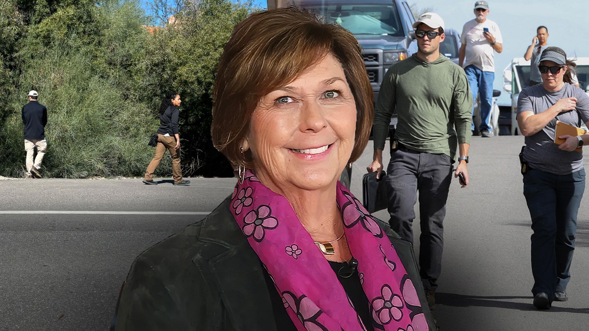 Nancy Guthrie's photo overlayed with investigators searching brush near her Arizona house