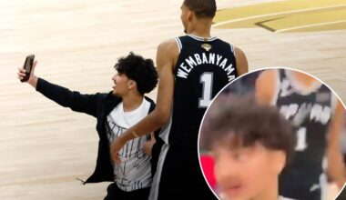 New angle shows fan storming court for selfie with smiling Victory Wembanyama in Knicks-Spurs NBA Finals