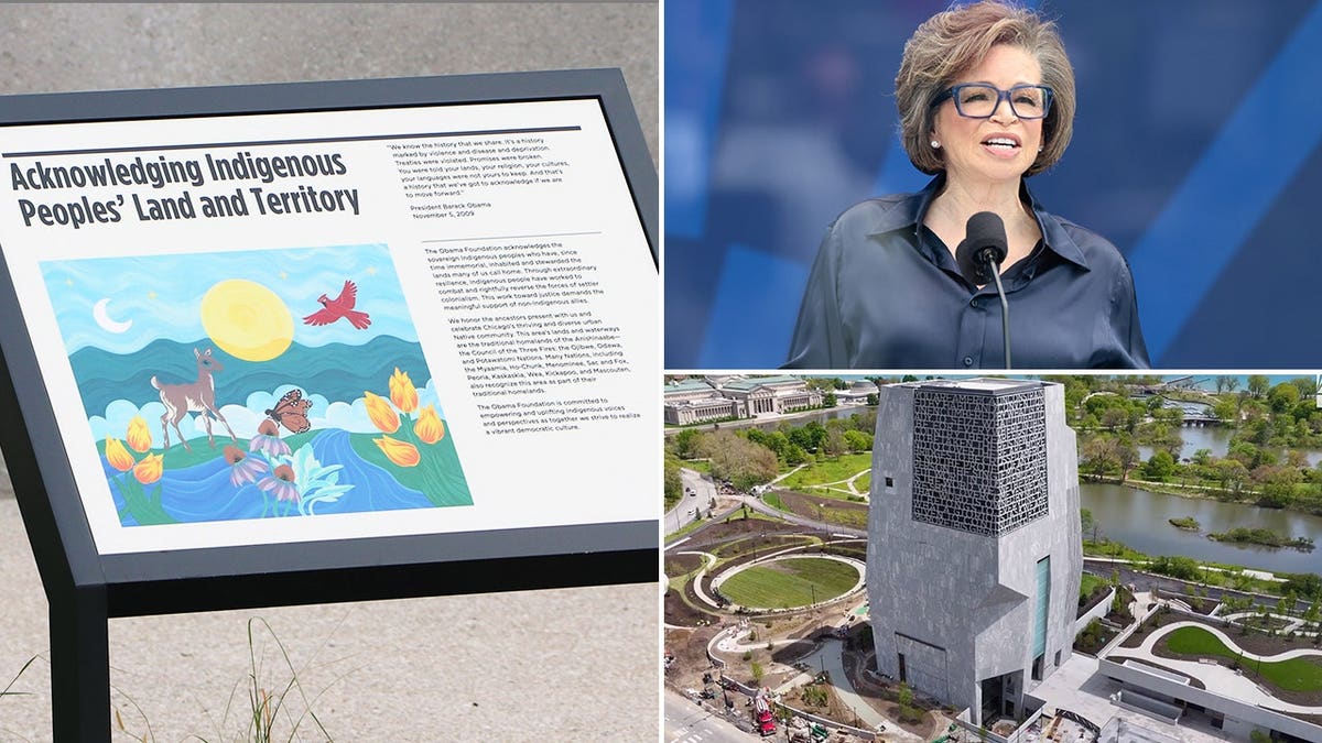 Composite image showing Obama Foundation CEO Valerie Jarrett speaking during the Obama Presidential Center opening ceremony, the Center's museum tower and a permanent Indigenous land acknowledgment display located on the campus in Chicago.