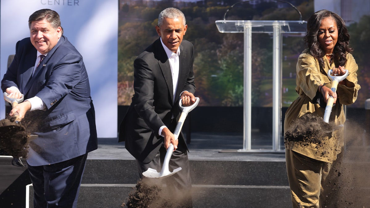 Former President Barack Obama and former first lady Michelle Obama standing with Illinois Gov. J.B. Pritzker at a groundbreaking ceremony in Chicago