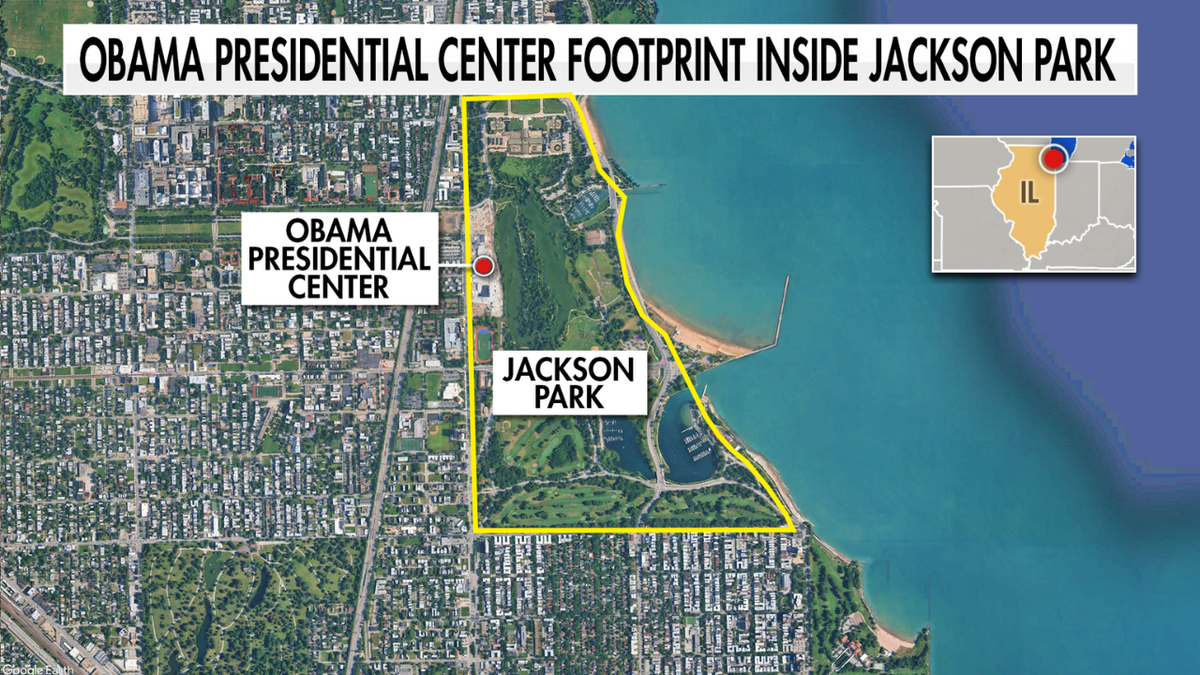 Map graphic showing the footprint of the Obama Presidential Center inside Jackson Park in Chicago.