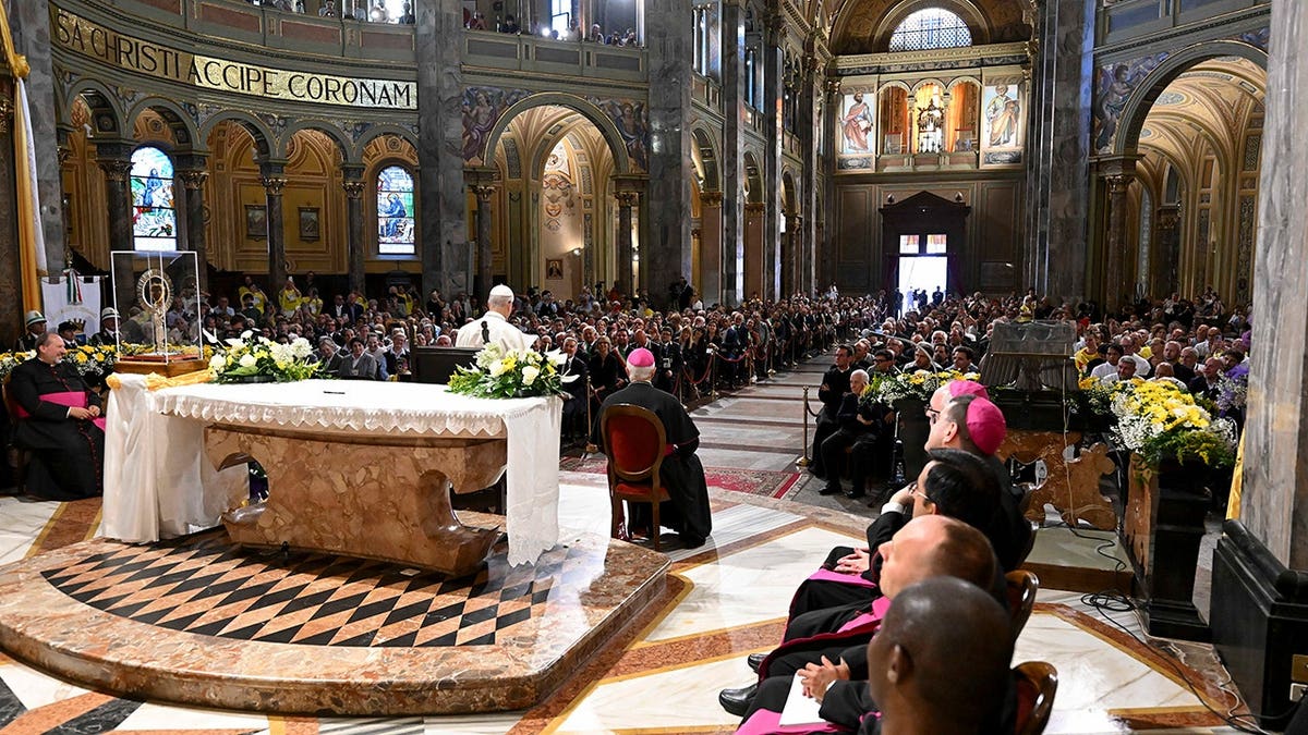 Pope Leo XIV presiding over a celebration at the parish of Santi Antonio Abate e Francesca Cabrini in Sant'Angelo Lodigiano Italy