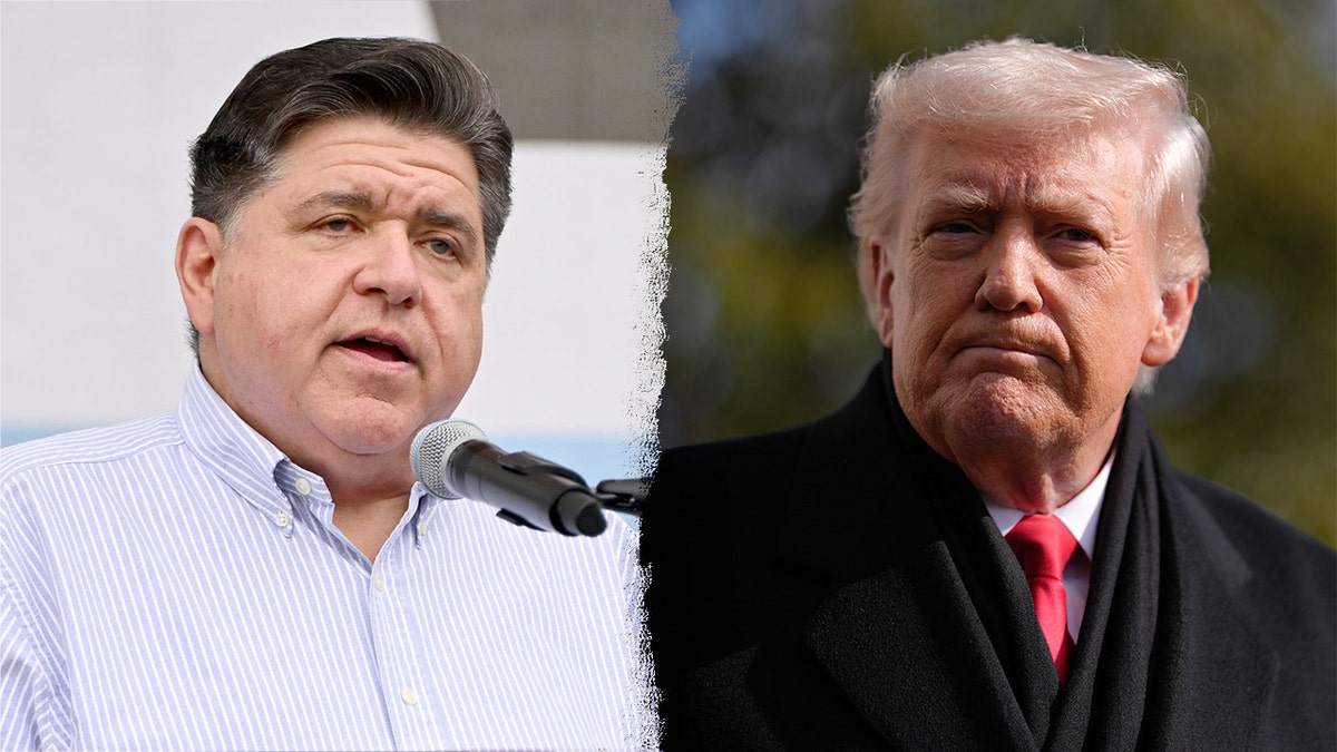Gov. JB Pritzker speaking onstage as people protest and President Donald Trump speaking to media on White House South Lawn