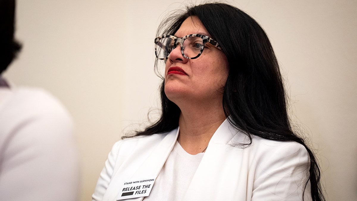 Rep. Rashida Tlaib speaking at an event with survivors of Jeffrey Epstein's sex trafficking ring on Capitol Hill