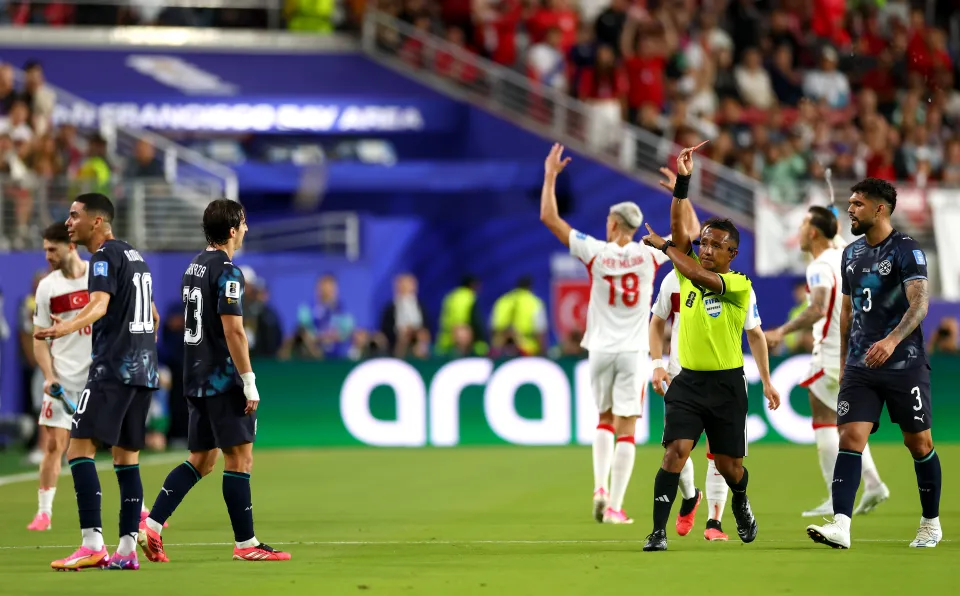 Miguel Almiron is sent off for Paraguay during their win over Turkey