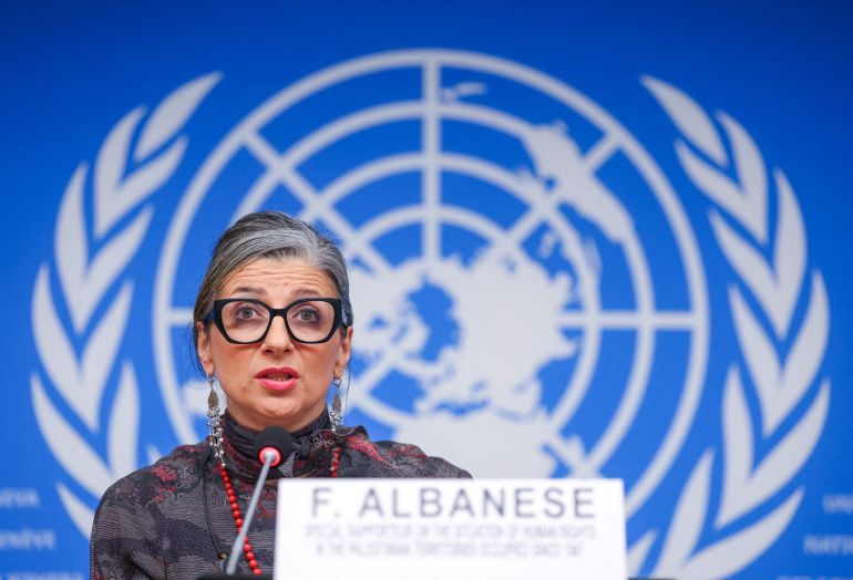 FILE PHOTO: Francesca Albanese, UN special rapporteur on human rights in the Palestinian territories, attends a news conference during the Human Rights Council at the United Nations in Geneva, Switzerland, March 24, 2026. REUTERS/Denis Balibouse/File Photo