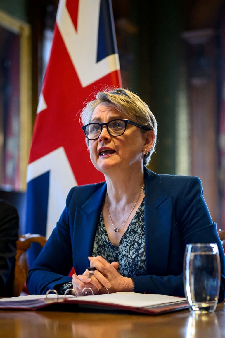 FILE PHOTO: British Foreign Secretary Yvette Cooper speaks during a virtual summit at the Foreign & Commonwealth Office in London, England, April 2, 2026. Leon Neal/Pool via REUTERS/File Photo