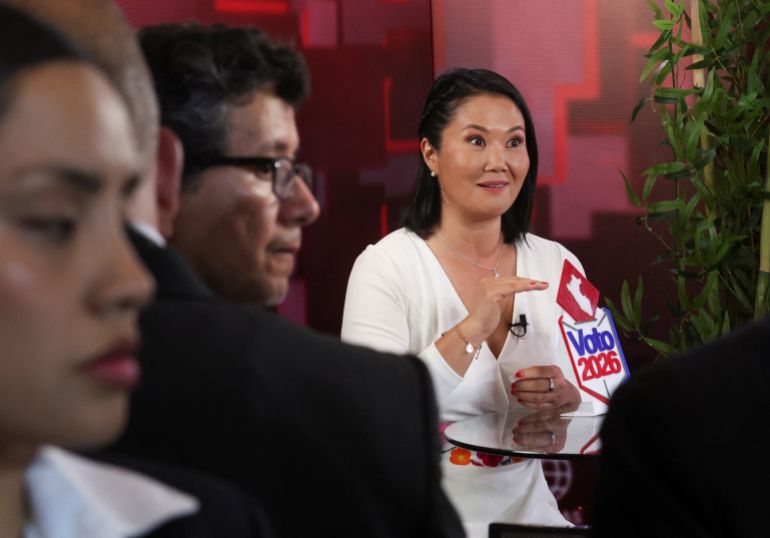 Peru's right-wing presidential candidate Keiko Fujimori speaks to the media after attending a televised debate with leftist candidate Roberto Sanchez, ahead of the June 7 runoff presidential vote, in Lima, Peru, May 31, 2026. REUTERS/Alessandro Cinque