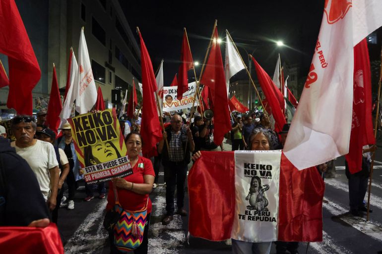 Demonstrators protest against Peru's right-wing presidential candidate Keiko Fujimori, ahead of the June 7 runoff vote, in Lima, Peru May 30, 2026. REUTERS/Alessandro Cinque