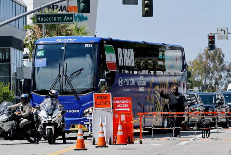 Soccer Football - FIFA World Cup 2026 - Iran Hotel Arrival - Manhattan Beach, California, U.S. - June 14, 2026 The Iran team bus arrives at the hotel with a police escort REUTERS/Mike Blake