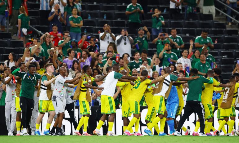 Soccer Football - FIFA World Cup 2026 - Group A - South Africa v South Korea - Estadio Monterrey, Monterrey, Mexico - June 24, 2026 South Africa players celebrate after the match REUTERS/Daniel Becerril