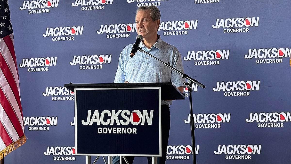 Republican gubernatorial candidate Rick Jackson speaking to supporters at a campaign stop in Alpharetta, Georgia