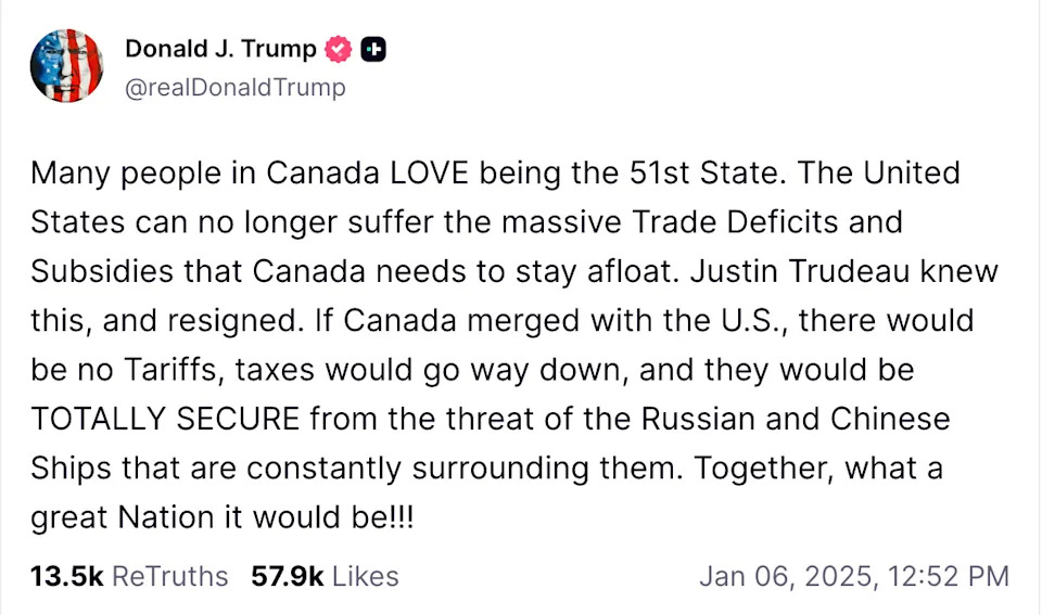 Screengrab of U.S. President Donald Trump's comments on Truth Social regarding Canada joining U.S. as the '51st State.'