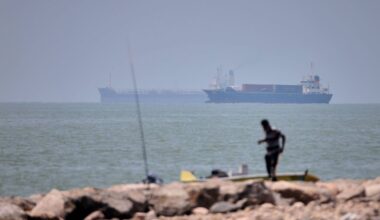 A man stands beside a fishing pole along the shore as cargo ships and commercial vessels are seen in the Strait of Hormuz off Bandar Abbas, Iran, Wednesday, June 17, 2026.