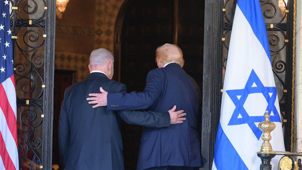 President Donald Trump and Israeli Prime Minister Benjamin Netanyahu standing together at Mar-a-Lago.