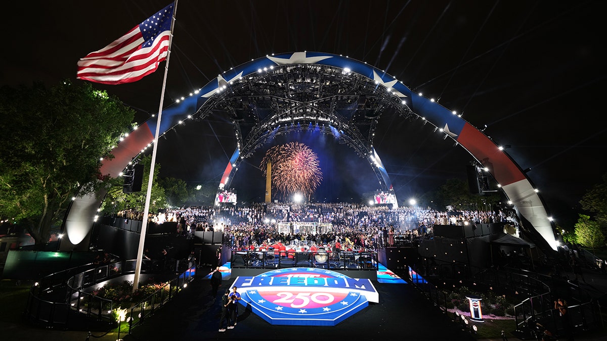 President Donald Trump standing on the South Lawn of the White House during UFC Freedom 250 fights