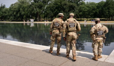 National Guard and US Park Police patrol Reflecting Pool as coating peels