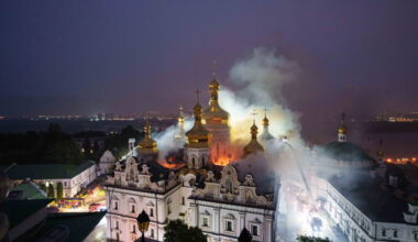 Large-scale Russian attack sparks fire at historic monastery and other sites in Ukraine, in photos