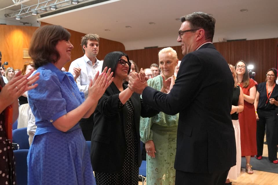 <p>Andy Burnham with his wife Marie-France van Heel (right), Labour deputy leader Lucy Powell (left) and Home Secretary and Chair of Labour's National Executive Committee Shabana Mahmood (centre) </p>