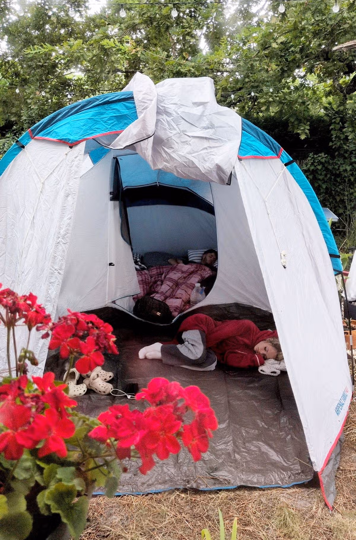 Melissa Sood and her family sleeping in a tent in a garden in the south of France during the wildfires