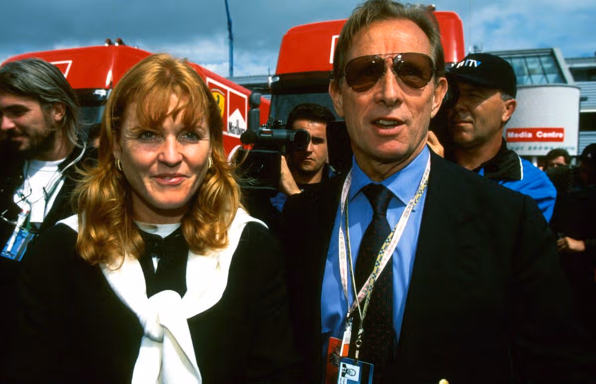 Sarah Ferguson (GBR) Duchess of York with Paddy McNally (IRE) Allsport Management. Formula One World Championship, Rd9, British Grand Prix, Silverstone, England, 13 July 1997. (Photo by Sutton Images)