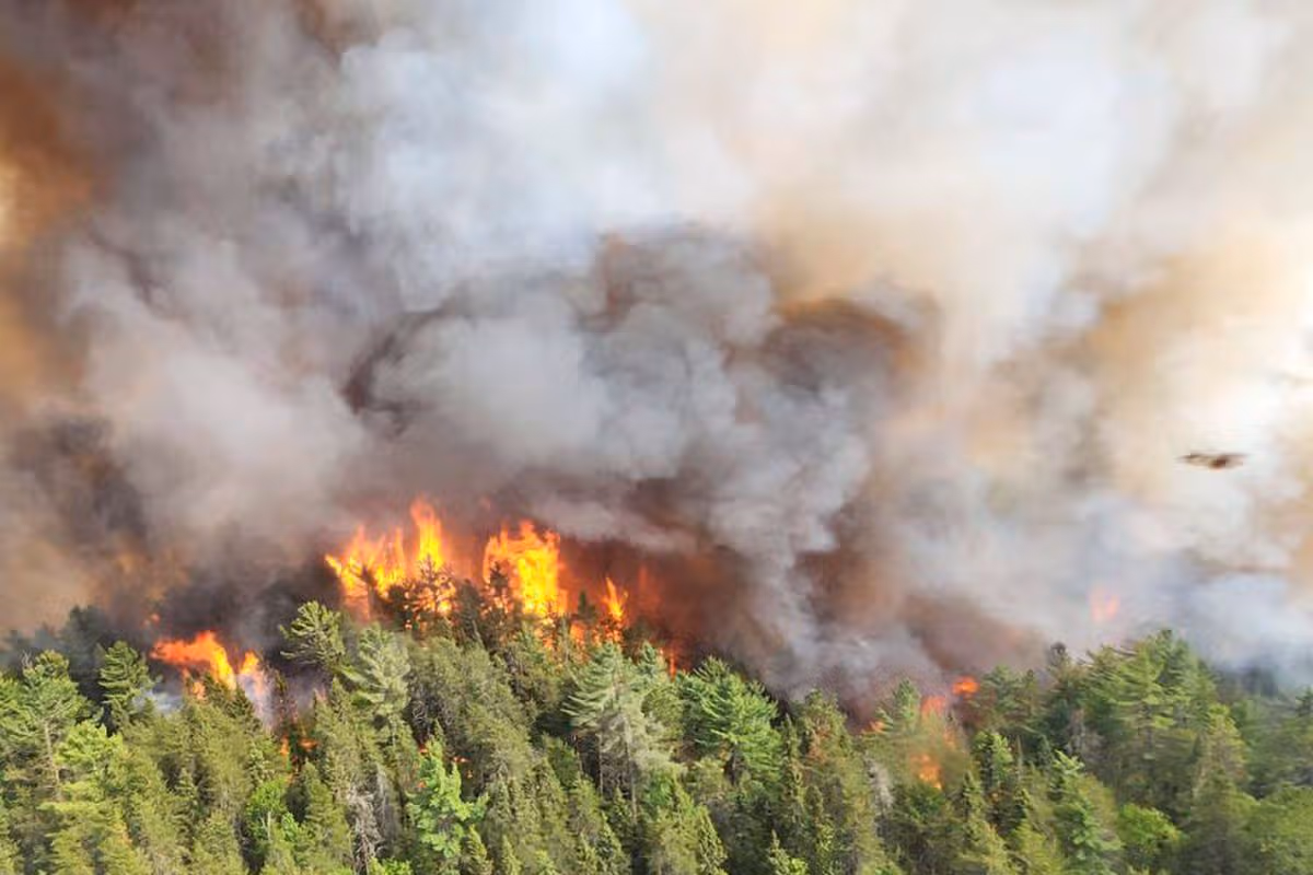 In this image released by the Ontario Ministry of Natural Resources and Forestry, the Sudbury 17 wildfire burns east of Mississagi Provincial Park near Elliot Lake, Ontario, on June 4, 2023.