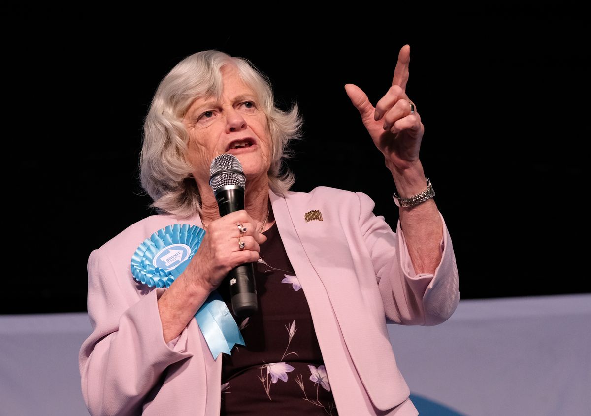 HOUGHTON LE SPRING, UNITED KINGDOM - MAY 11: Brexit Party member Ann Widdecombe delivers a speech during a Brexit Party campaign at Rainton Meadows Arena on May 11, 2019 in Houghton Le Spring, United Kingdom. The 2019 European elections in the United Kingdom will take place on May 23. The Brexit Party is a pro-Brexit Eurosceptic political party formed in 2019. Nigel Farage, the former leader of the U.K. Independence Party, is campaigning for the Brexit Party's contest for this month's European Parliament elections. The Brexit Party is reported to be polling in front of Labour and the Conservatives for the European parliament elections. (Photo by Ian Forsyth/Getty Images)