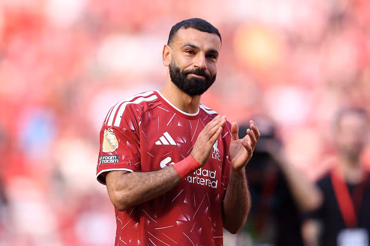 LIVERPOOL, ENGLAND - MAY 24: Mohamed Salah of Liverpool appears emotional as he applauds the fans following his final appearance for the club during the Premier League match between Liverpool and Brentford at Anfield on May 24, 2026 in Liverpool, England. (Photo by Jack Thomas/Getty Images)
