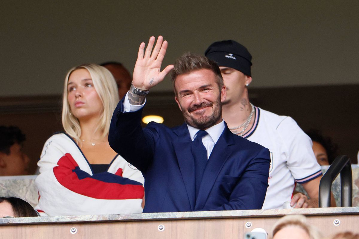 David Beckham waved to the camera during the Quarter Final match between Norway and England