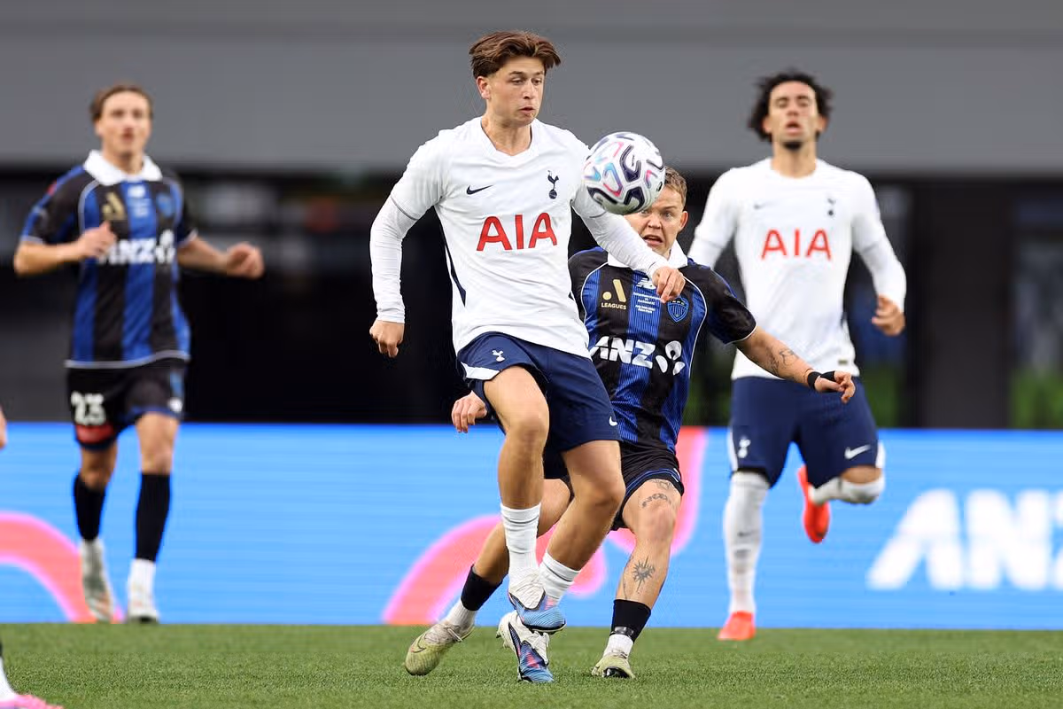 Mikey Moore and Luca Williams-Barnett in action during the pre-season friendly match between Auckland FC and Tottenham Hotspur at Eden Park