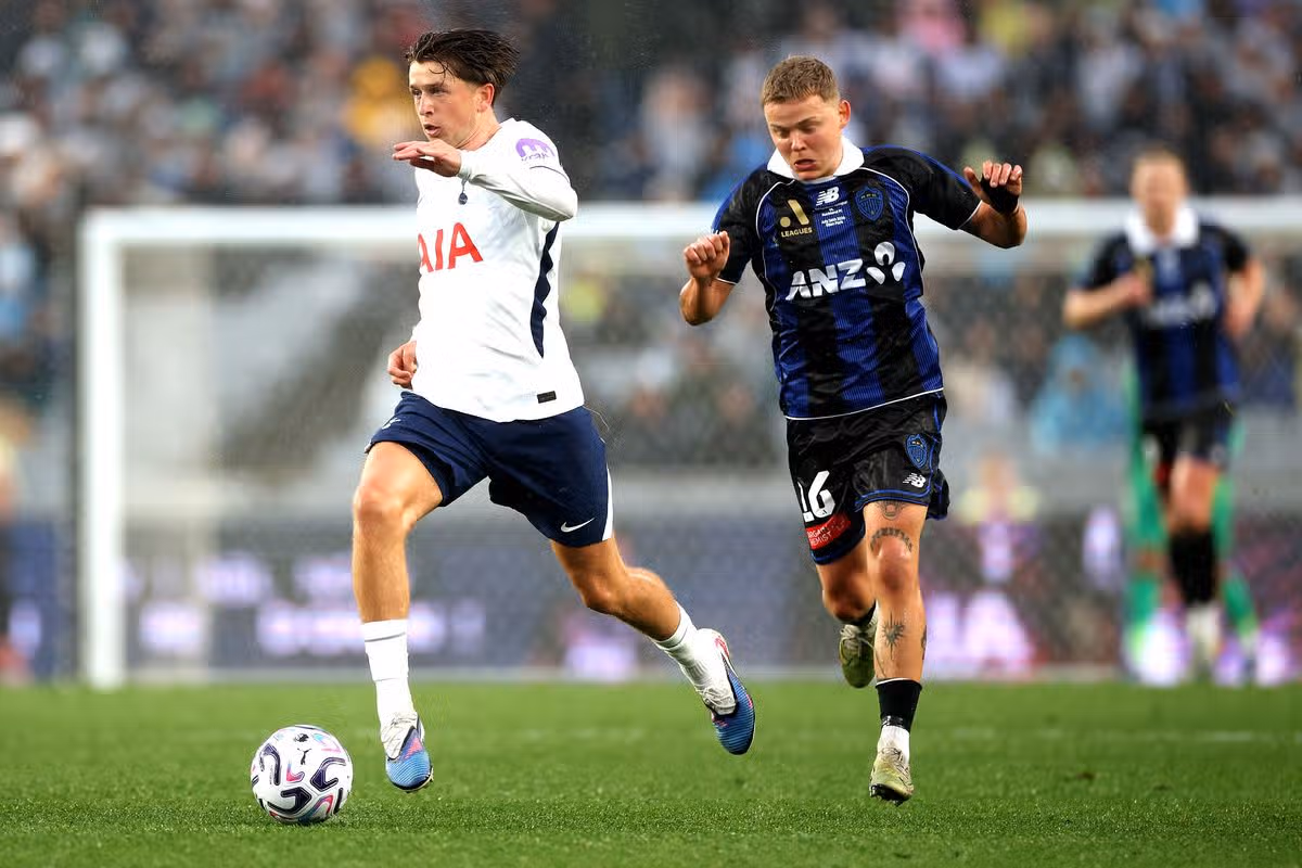 Mikey Moore in action during the pre-season friendly match between Auckland FC and Tottenham Hotspur at Eden Park