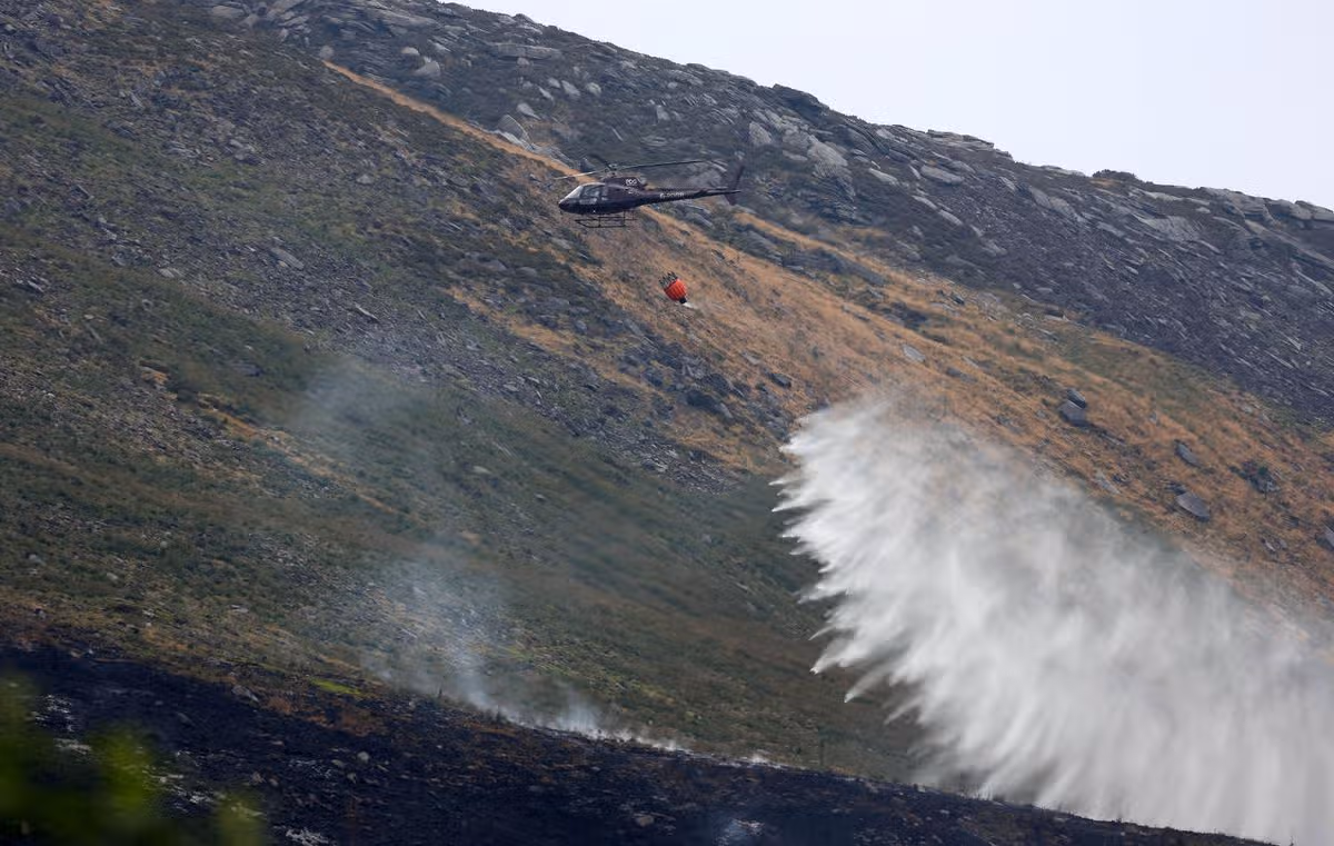 A helicopter over the moorland at Dovestone